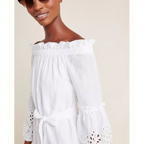 Anthropologie White Cotton Eyelet Lantern Sleeve Off-Shoulder Boho Dress Sz 12 - Picture 4 of 16